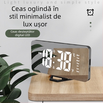 Ceas de alarmă LED minimalist cu oglindă, pentru birou, alimentare USB, afișaj digital și lumină de noapte