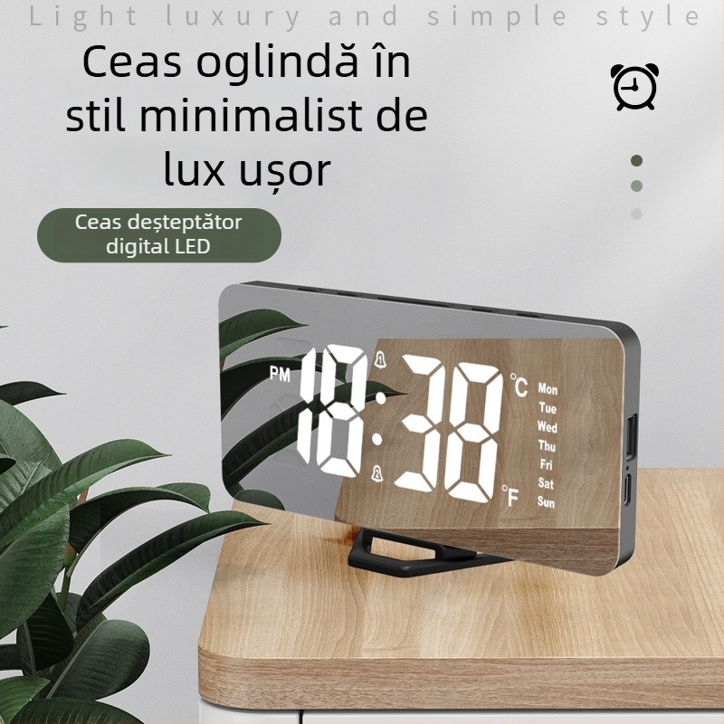 Ceas de alarmă LED minimalist cu oglindă, pentru birou, alimentare USB, afișaj digital și lumină de noapte