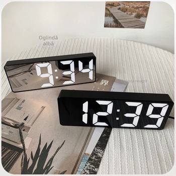 Ceas de birou luminos cu față oglindă, afișaj LED digital și ceas de alarmă electronic