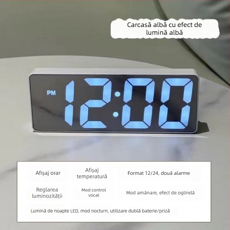 Ceas de birou luminos cu față oglindă, afișaj LED digital și ceas de alarmă electronic
