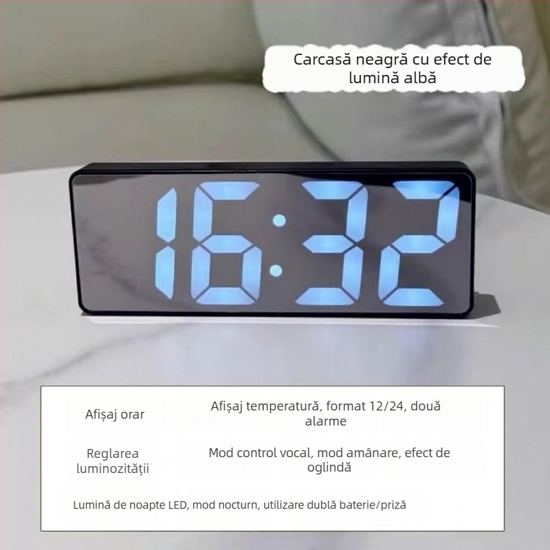 Ceas de birou luminos cu față oglindă, afișaj LED digital și ceas de alarmă electronic