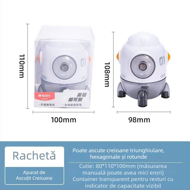 Ascuțitor de creioane în formă de rachetă, manual, design desen animat, pentru schițe
