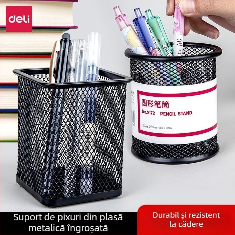 Suport circular pentru pixuri din metal cu plasă – organizator de birou, spațiu de stocare multifuncțional