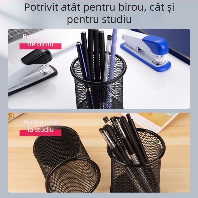 Suport circular pentru pixuri din metal cu plasă – organizator de birou, spațiu de stocare multifuncțional