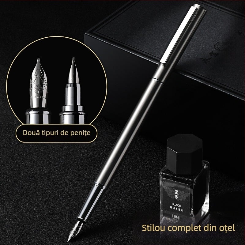 Stilou metalic din oțel integral pentru caligrafie, schițe și semnătură