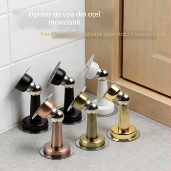 Stop magnetic pentru ușă fără găuri, oțel inoxidabil, montaj pe perete și podea, 10 cm, design modern minimalist