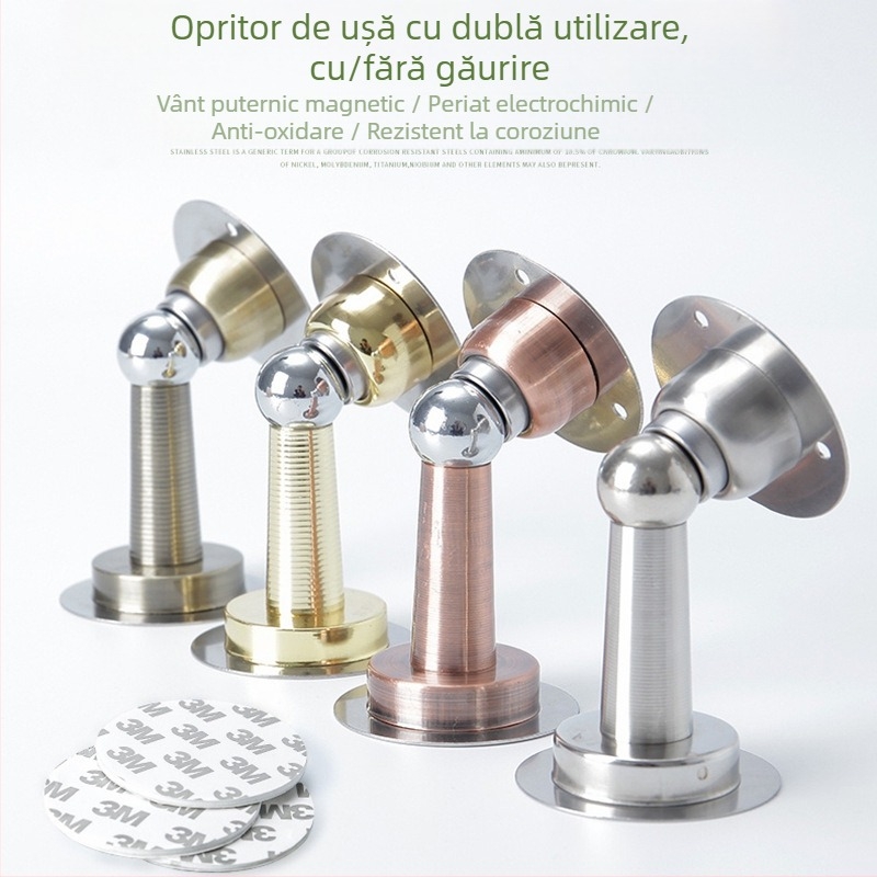 Stop magnetic pentru ușă fără găuri, oțel inoxidabil, montaj pe perete și podea, 10 cm, design modern minimalist