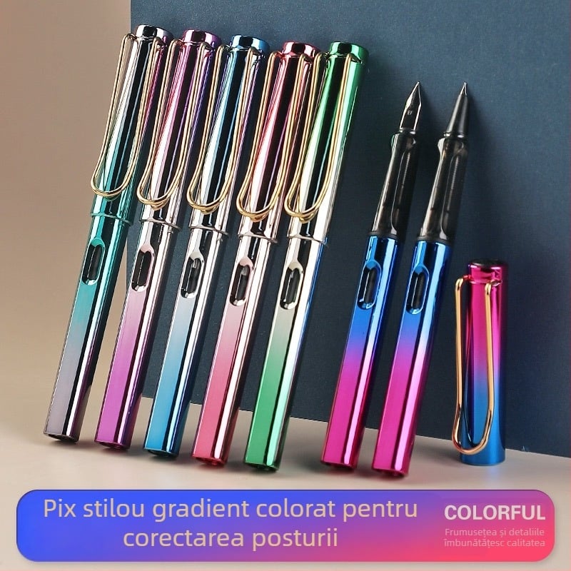 Stilou cu gradient colorat și corecția poziției scrisului, noul model cu finisaj lucios electroplatat, potrivit pentru studenți, birou și afaceri; caligrafie; personalizare cu logo