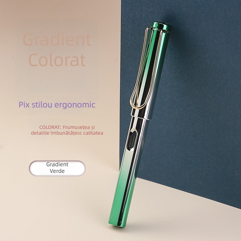 Stilou cu gradient colorat și corecția poziției scrisului, noul model cu finisaj lucios electroplatat, potrivit pentru studenți, birou și afaceri; caligrafie; personalizare cu logo