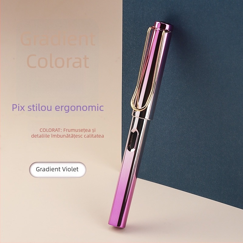 Stilou cu gradient colorat și corecția poziției scrisului, noul model cu finisaj lucios electroplatat, potrivit pentru studenți, birou și afaceri; caligrafie; personalizare cu logo