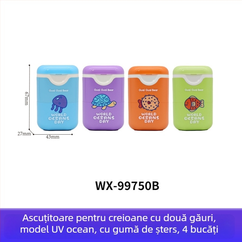 Radieră și ascuțitor de creioane, design urs drăguț, formă rotundă, papetărie creativă.