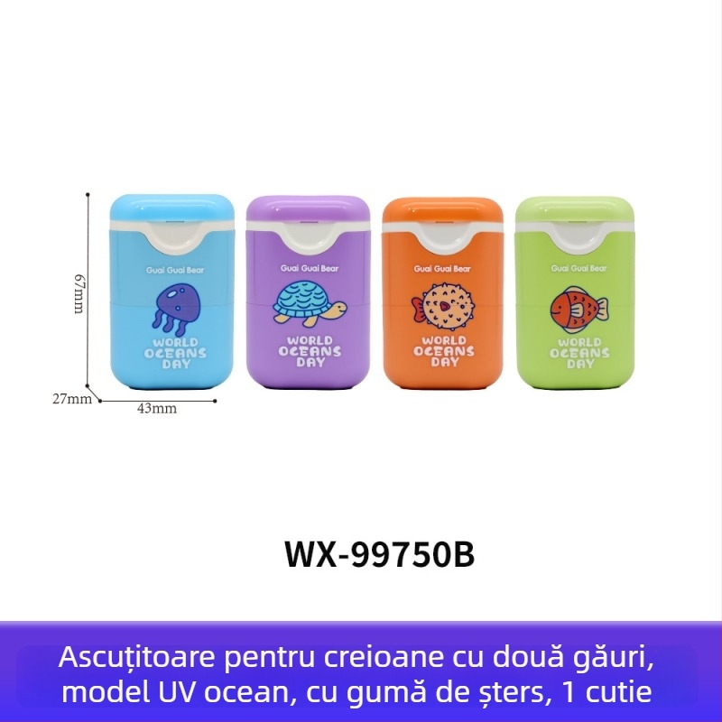 Radieră și ascuțitor de creioane, design urs drăguț, formă rotundă, papetărie creativă.