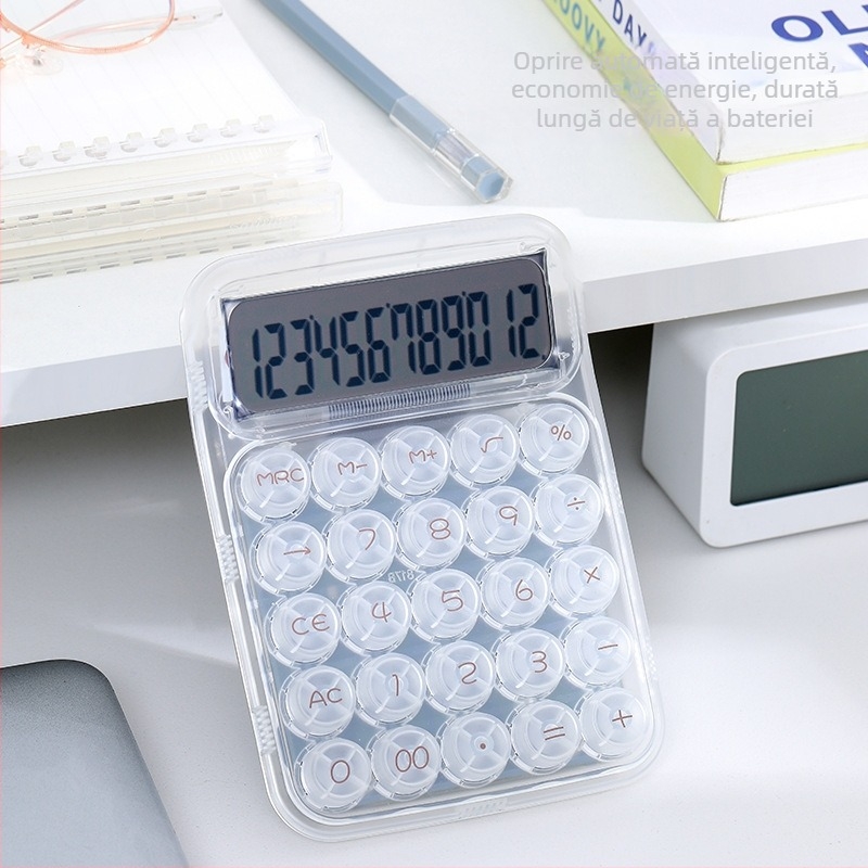 Calculator transparent alb, cu taste mecanice rotunde, afișaj 12 cifre, pentru birou, finanțe și contabilitate