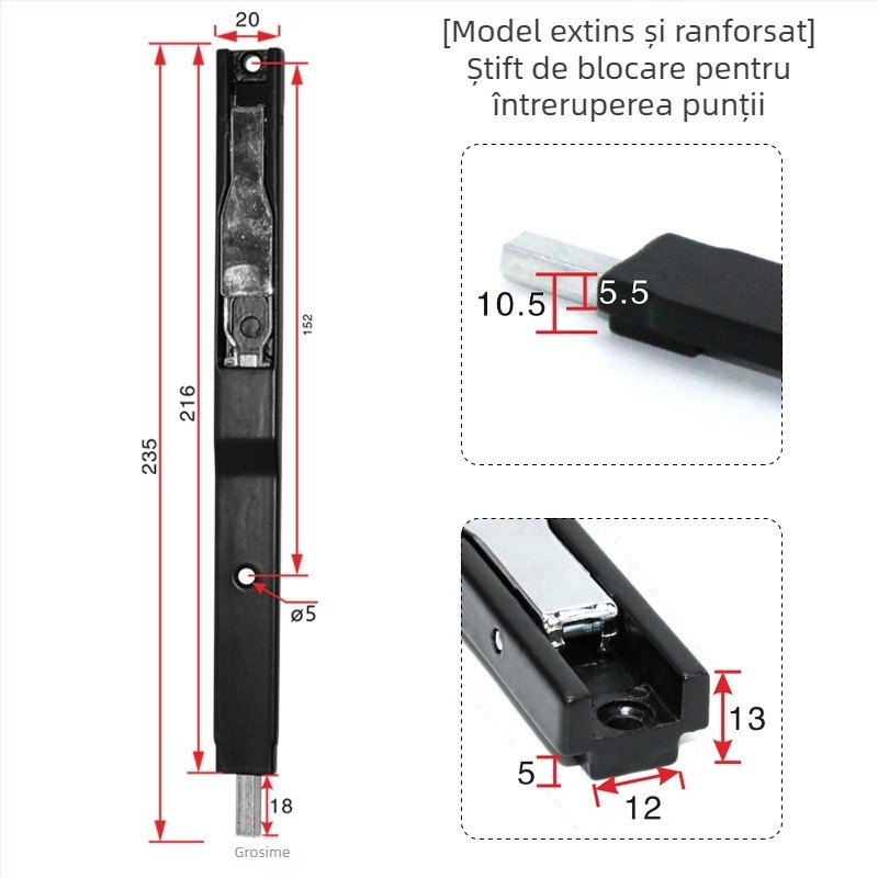 Încuietoare multipunct pentru uși și ferestre din aluminiu, cu barieră termică, montaj pe suprafață, blocare superioară și inferioară, anti-furt