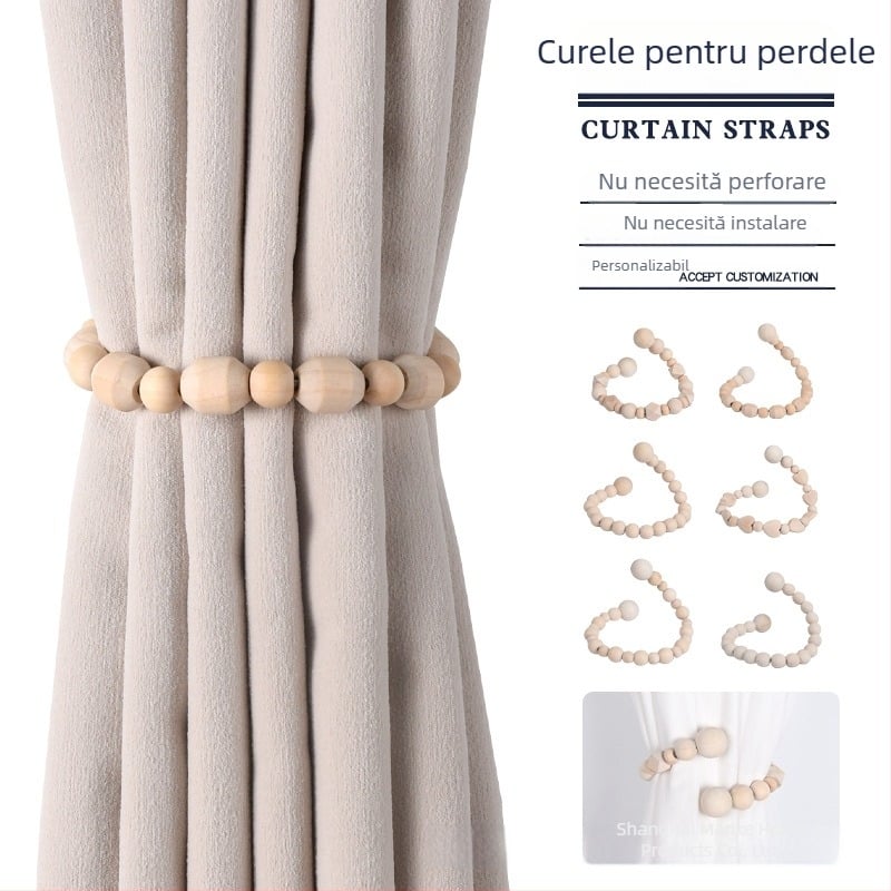 Bandă pentru perdea cu mărgele din lemn și cataramă magnetică, lucrată manual, design simplu