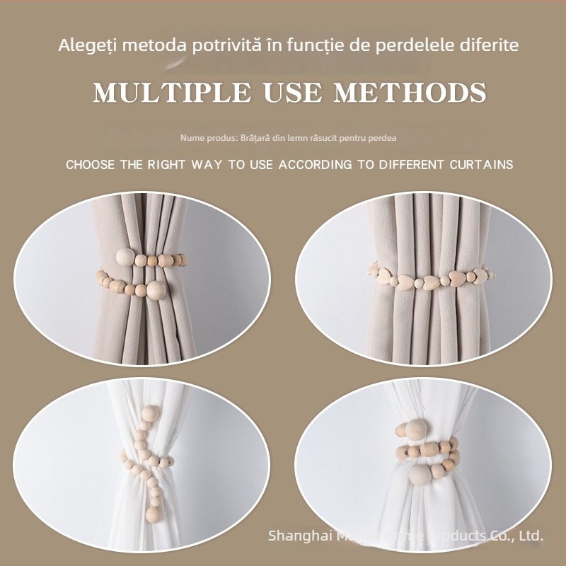 Bandă pentru perdea cu mărgele din lemn și cataramă magnetică, lucrată manual, design simplu