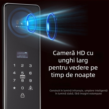 Încuietoare electronică inteligentă cu recunoaștere facială și vizor, acces prin parolă sau amprentă