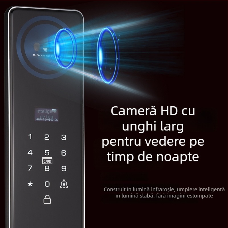 Încuietoare electronică inteligentă cu recunoaștere facială și vizor, acces prin parolă sau amprentă