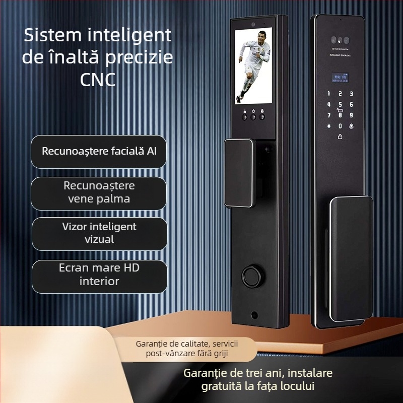 Încuietoare electronică inteligentă cu recunoaștere facială și vizor, acces prin parolă sau amprentă