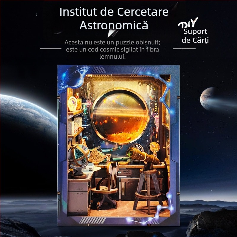 DIY Suport de Carte din Lemn: Institutul de Cercetare Astronomică, ansamblare manuală, căsuță 3D miniatură, decor-puzzle educativ
