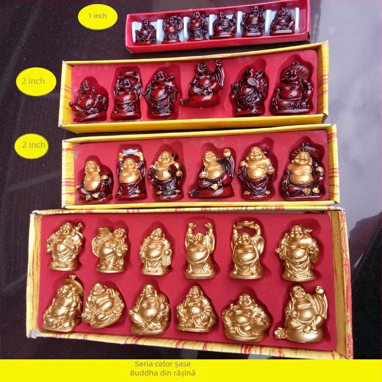 Set de șase statui Buddha din rășină, include Maitreya și Buddha zâmbitor, finisaj mahagoniu auriu și roșu.