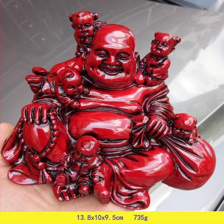 Set de șase statui Buddha din rășină, include Maitreya și Buddha zâmbitor, finisaj mahagoniu auriu și roșu.