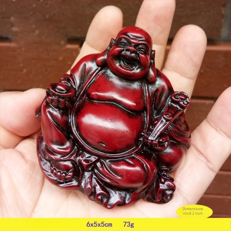 Set de șase statui Buddha din rășină, include Maitreya și Buddha zâmbitor, finisaj mahagoniu auriu și roșu.