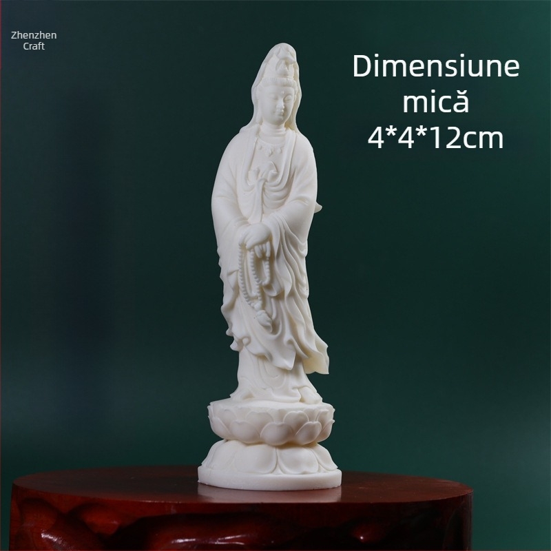 Statua Bodhisattva Guanyin pe un tron de lotus, în mână rozariu