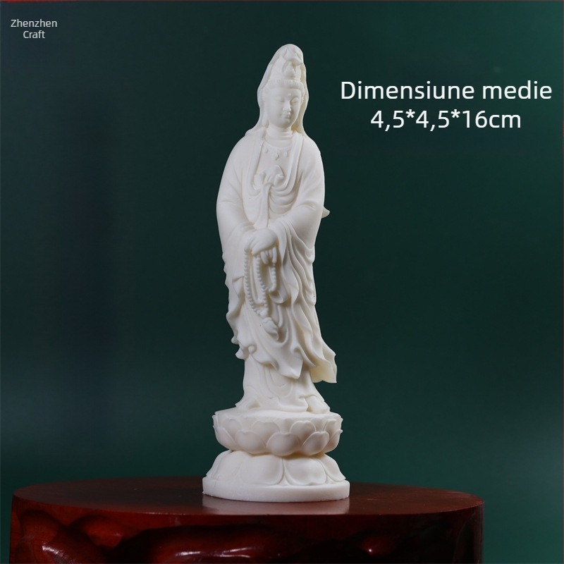 Statua Bodhisattva Guanyin pe un tron de lotus, în mână rozariu