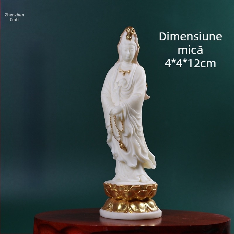Statua Bodhisattva Guanyin pe un tron de lotus, în mână rozariu