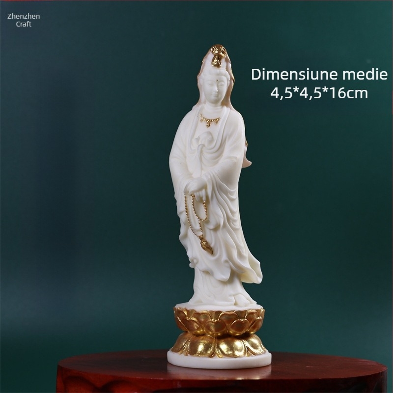 Statua Bodhisattva Guanyin pe un tron de lotus, în mână rozariu