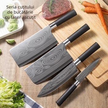 Set de cuțite bucătărie din oțel Damascus, oțel inoxidabil; include cuțit bucătar, cuțit pentru tăierea cărnii, cuțit pentru oase și cuțit de legume; 3Cr oțel; lungime totală până la 30 cm.