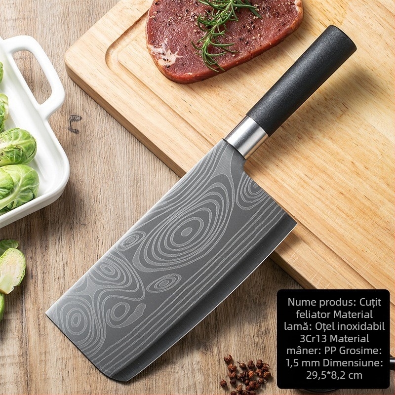 Set de cuțite bucătărie din oțel Damascus, oțel inoxidabil; include cuțit bucătar, cuțit pentru tăierea cărnii, cuțit pentru oase și cuțit de legume; 3Cr oțel; lungime totală până la 30 cm.