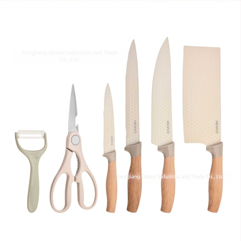 Set de cuțite bucătărie din oțel inoxidabil, 6 piese, mâner cu granulație lemnoasă, culoare khaki, model hexagonal diamant, grosime lamă 1,2 cm, lamă 23 cm