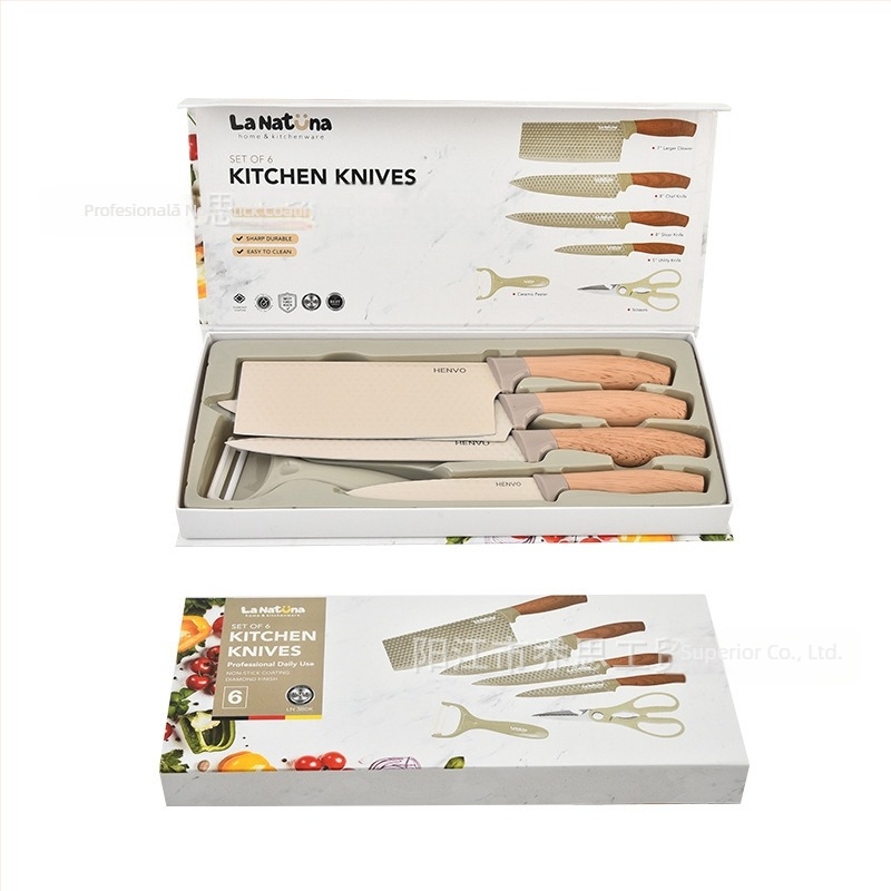 Set de cuțite bucătărie din oțel inoxidabil, 6 piese, mâner cu granulație lemnoasă, culoare khaki, model hexagonal diamant, grosime lamă 1,2 cm, lamă 23 cm
