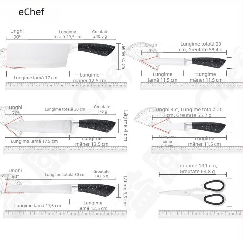 Set de cuțite de bucătărie, 9 piese, mâner din oțel inoxidabil, include cuțit de fructe, cuțit de carne și cuțit pentru copită