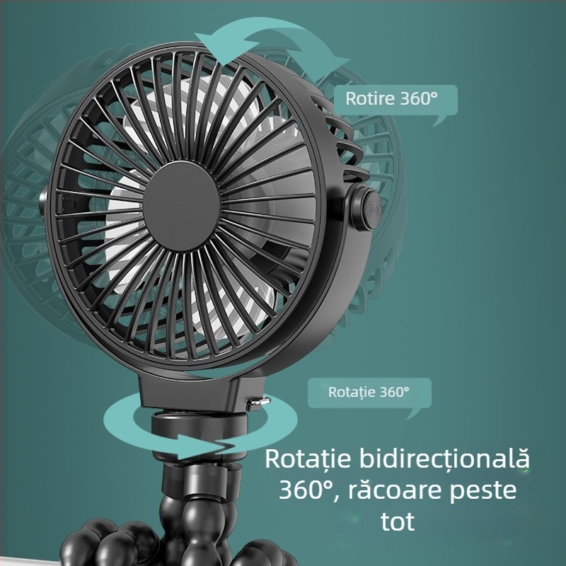 Ventilator în formă de caracatiță cu baterie încorporată, 3 trepte, pentru cărucior și birou, ventilator USB portabil