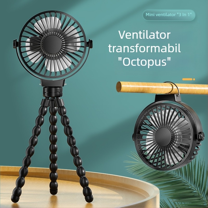 Ventilator în formă de caracatiță cu baterie încorporată, 3 trepte, pentru cărucior și birou, ventilator USB portabil