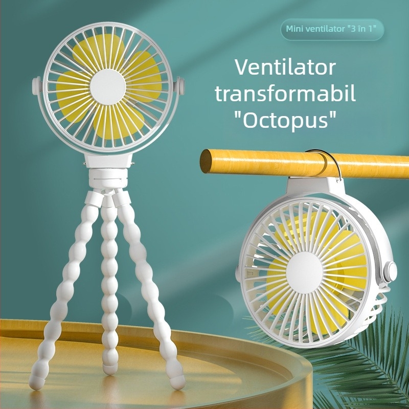 Ventilator în formă de caracatiță cu baterie încorporată, 3 trepte, pentru cărucior și birou, ventilator USB portabil