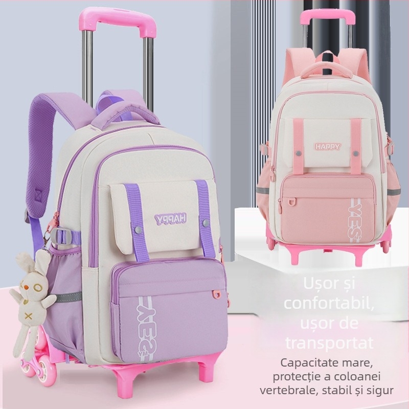 Rucsac cu roți pentru elevi de clasa primară, rucsac școlar rulant, multifuncțional, respirabil, impermeabil, protecție a coloanei, culoare solidă