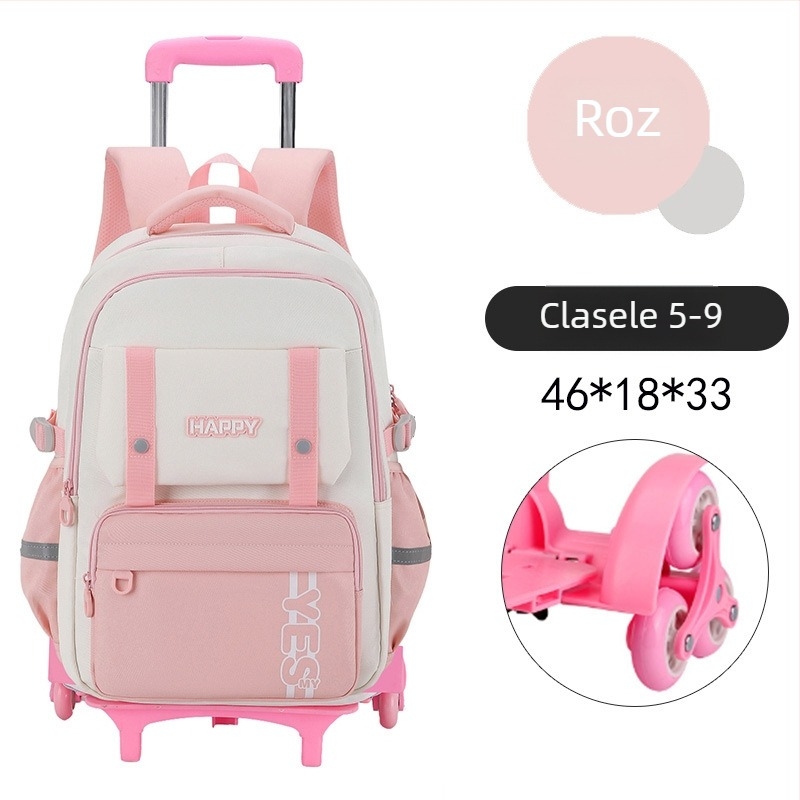 Rucsac cu roți pentru elevi de clasa primară, rucsac școlar rulant, multifuncțional, respirabil, impermeabil, protecție a coloanei, culoare solidă