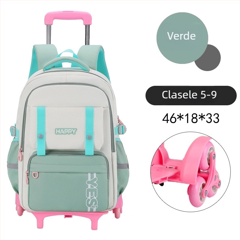 Rucsac cu roți pentru elevi de clasa primară, rucsac școlar rulant, multifuncțional, respirabil, impermeabil, protecție a coloanei, culoare solidă