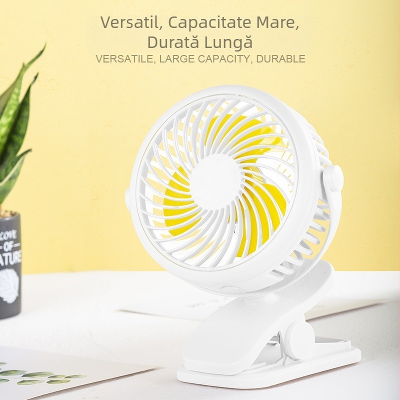Ventilator mini USB, fixare cu clips pentru birou sau cămin studențesc, silențios, reîncărcabil