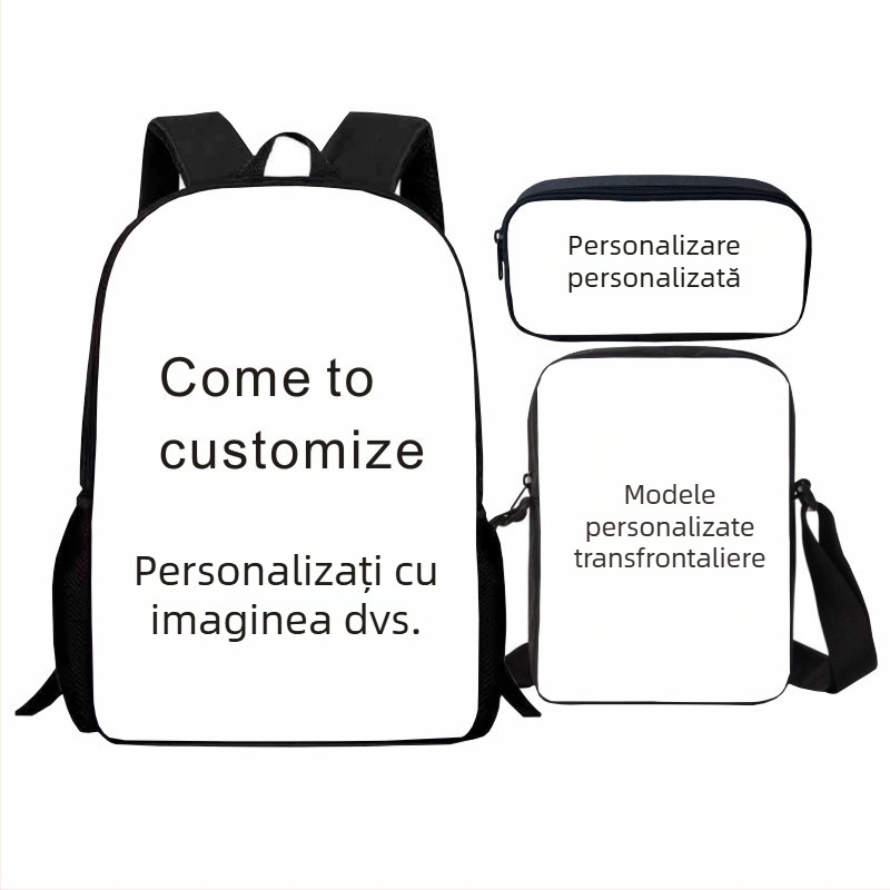 Set Geometry Dash pentru școală, trei piese: rucsac cu imprimeu geometric, geantă de umăr și penar