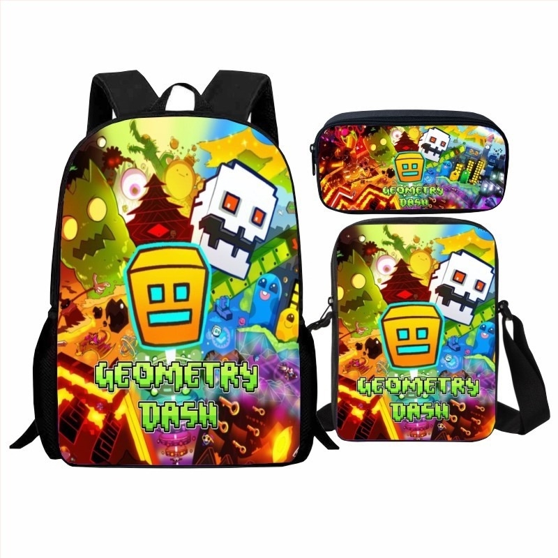 Set Geometry Dash pentru școală, trei piese: rucsac cu imprimeu geometric, geantă de umăr și penar