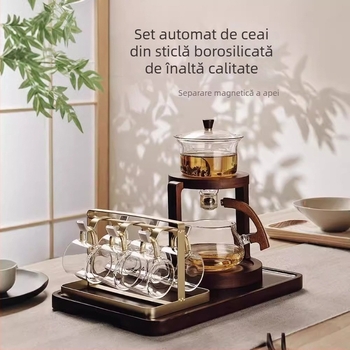 Set de ceai din sticlă, automat, pentru birou și casă, cu tavă din lemn, pentru 3–5 persoane