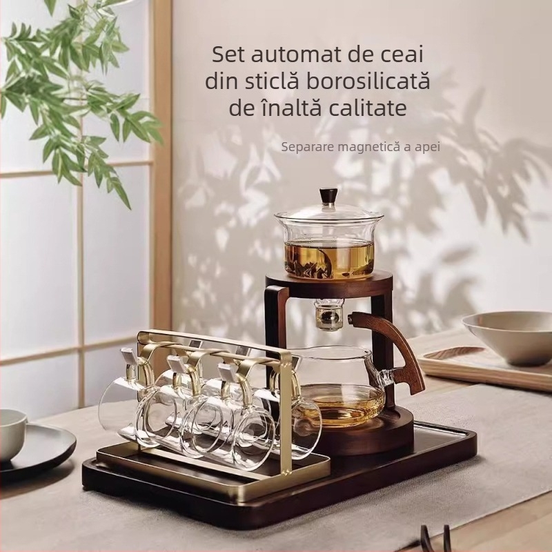 Set de ceai din sticlă, automat, pentru birou și casă, cu tavă din lemn, pentru 3–5 persoane