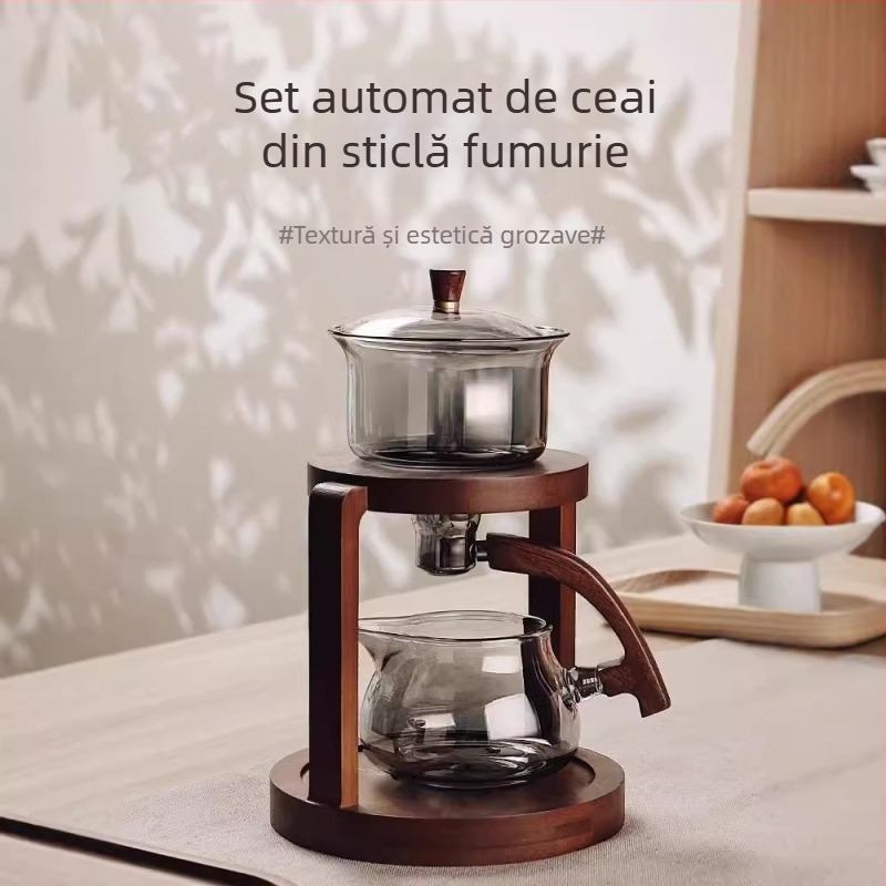Set de ceai din sticlă, automat, pentru birou și casă, cu tavă din lemn, pentru 3–5 persoane