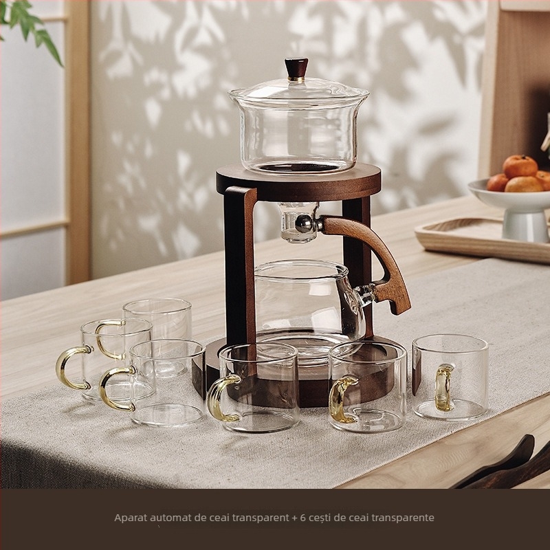 Set de ceai din sticlă, automat, pentru birou și casă, cu tavă din lemn, pentru 3–5 persoane