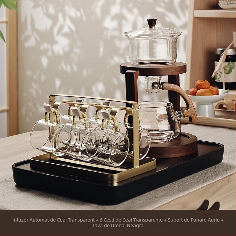 Set de ceai din sticlă, automat, pentru birou și casă, cu tavă din lemn, pentru 3–5 persoane